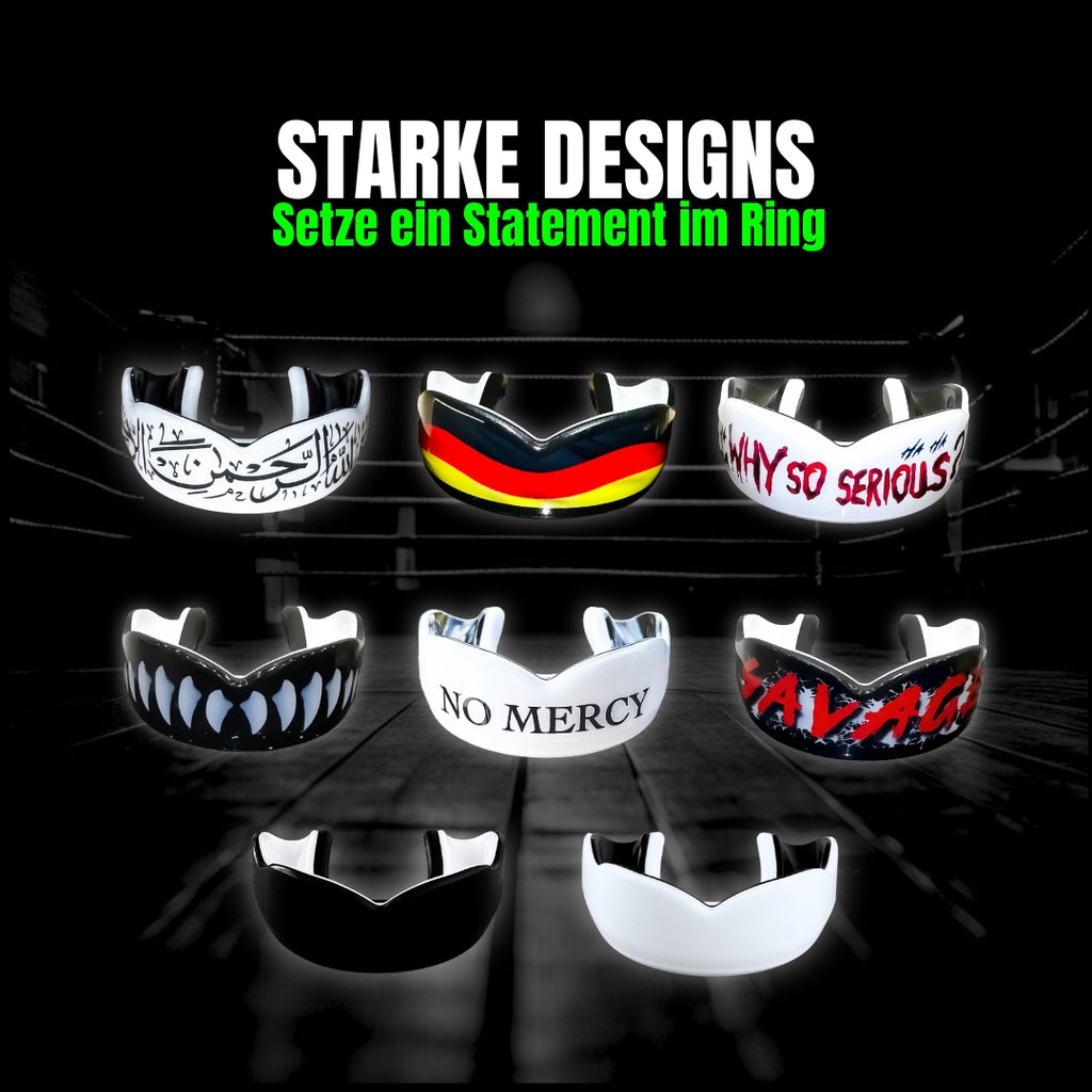 Ares Fightwear Pro-Line Mundschutz Designs im Überblick – Bismillah, Germany, Why So Serious, Vampire, No Mercy, Savage, Black, White