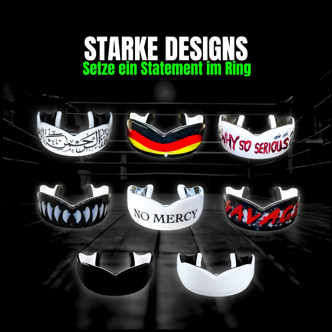 Ares Fightwear Pro-Line Mundschutz Designs im Überblick – Bismillah, Germany, Why So Serious, Vampire, No Mercy, Savage, Black, White