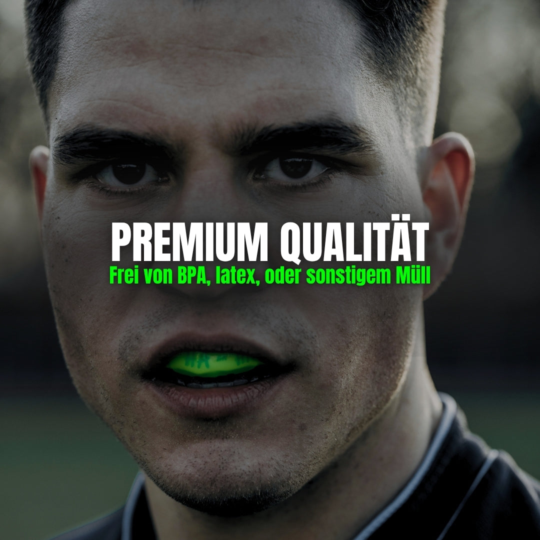 Sportler mit grünem Ares Fightwear Mundschutz – Premium Qualität, frei von BPA und Latex
