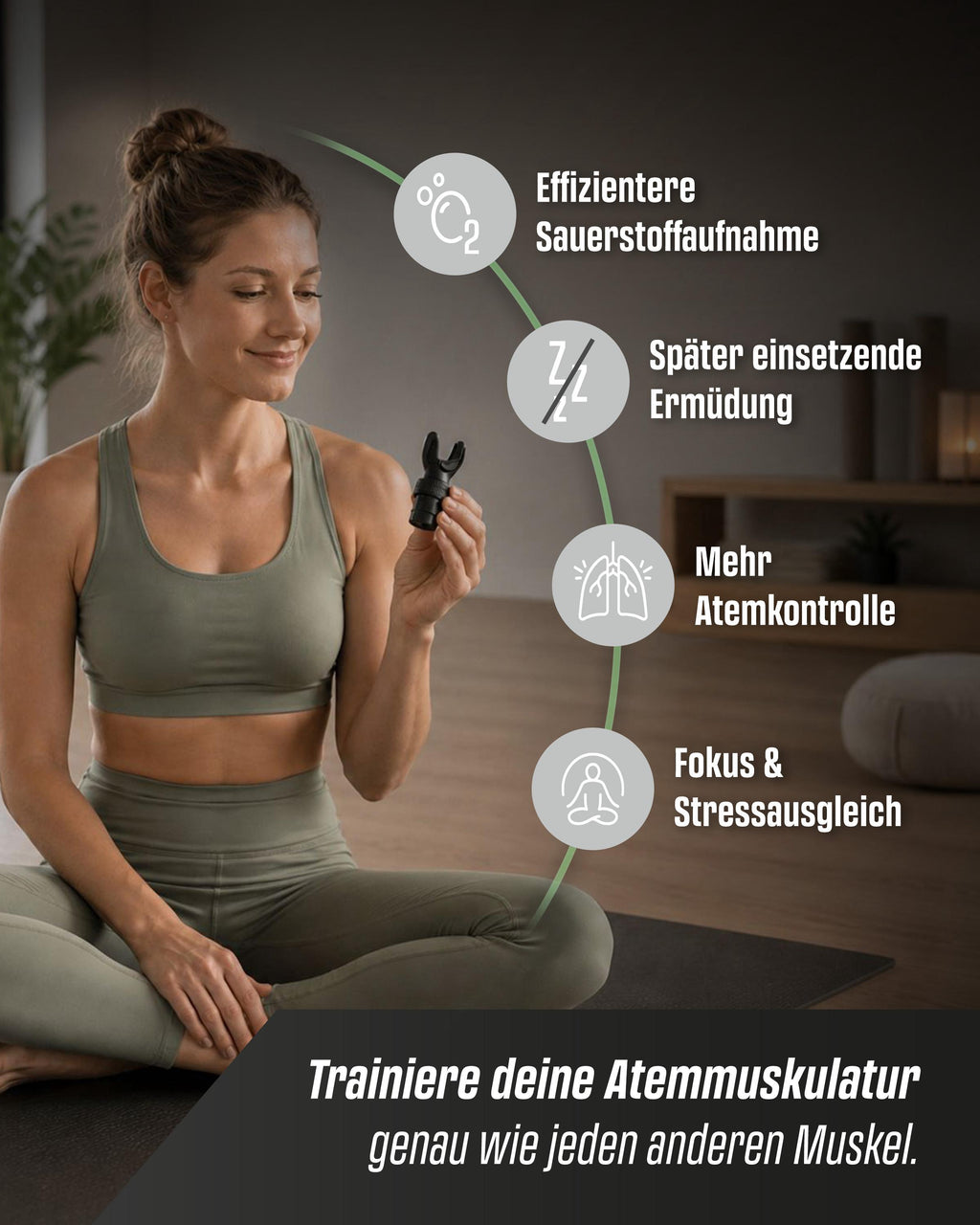 Frau trainiert mit IRONAIR™ Atemtrainer – effiziente Sauerstoffaufnahme, mehr Atemkontrolle, Fokus und Stressausgleich