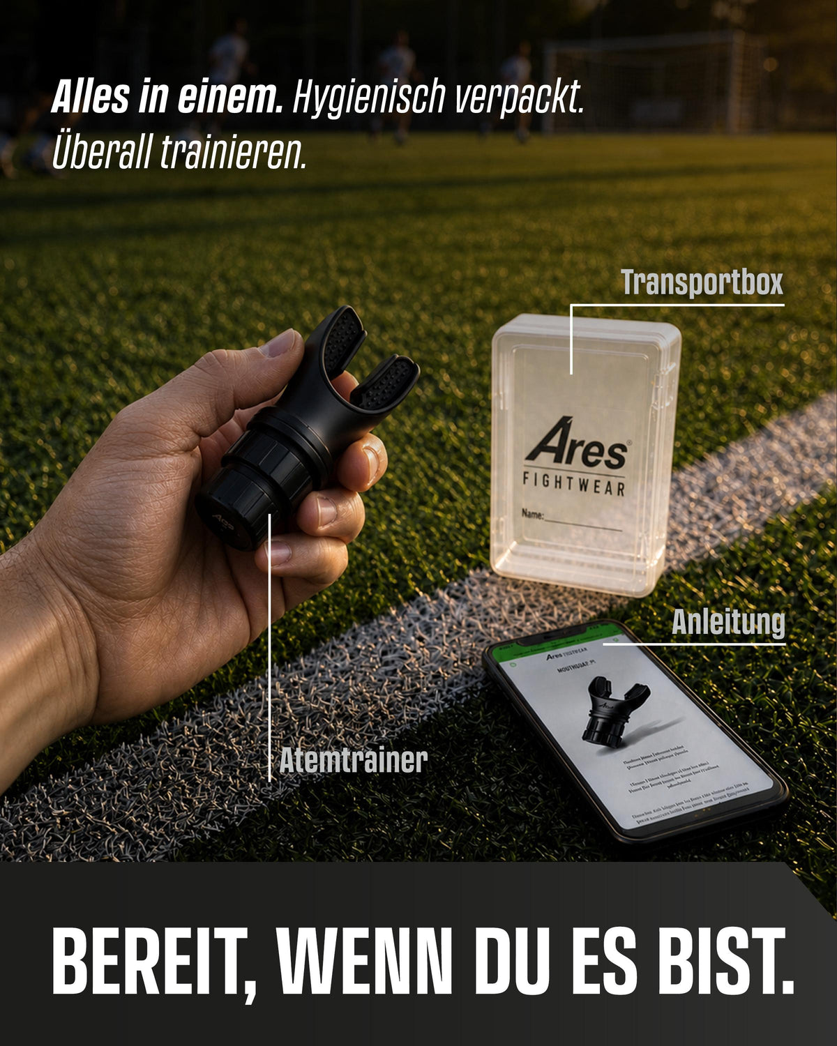 IRONAIR™ Lieferumfang: Atemtrainer, Transportbox und Anleitung – hygienisch verpackt, überall trainieren