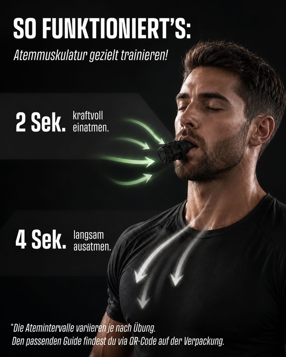 So funktioniert der IRONAIR™ Atemtrainer: 2 Sekunden kraftvoll einatmen, 4 Sekunden langsam ausatmen