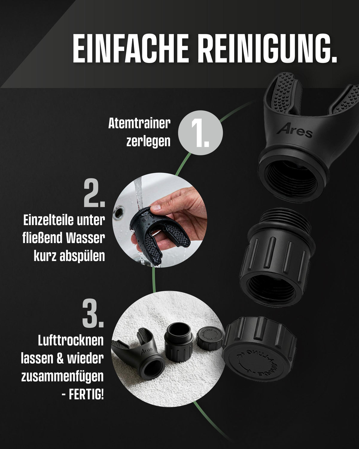 Einfache Reinigung des IRONAIR™ Atemtrainers: zerlegen, unter fließendem Wasser abspülen, trocknen lassen