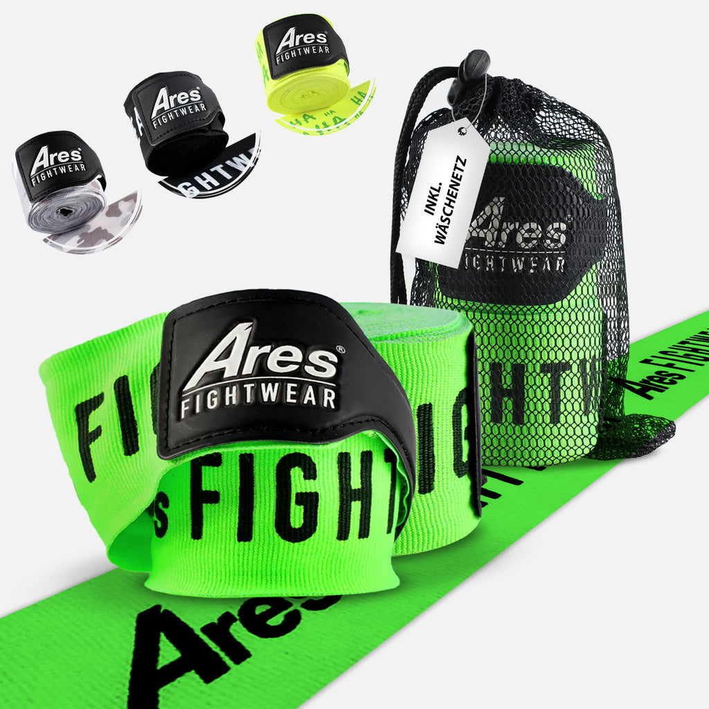 Ares Fightwear Premium Boxbandagen „Green Classic“ mit Wäschenetz – Handwraps für Boxen & MMA
