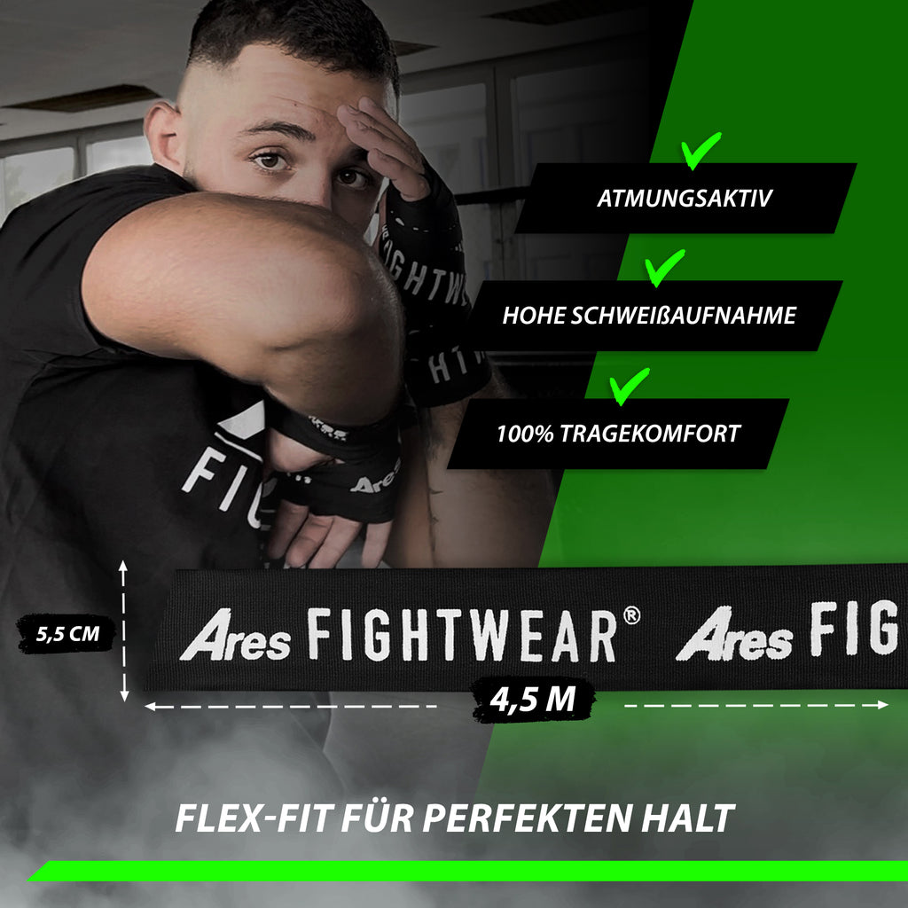 Boxer mit Ares Fightwear Boxbandagen – 4,5 m lang, 5,5 cm breit, atmungsaktiv, Flex-Fit für perfekten Halt