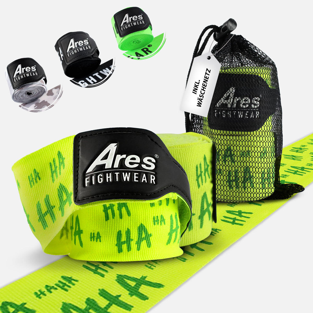Ares Fightwear Premium Boxbandagen „Hahaha“ mit Wäschenetz – Handwraps für Boxen & MMA