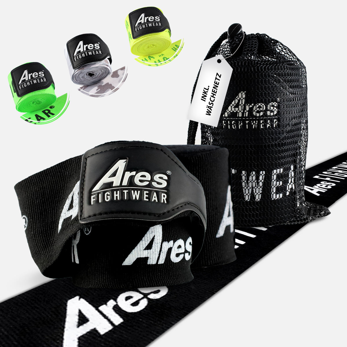 Ares Fightwear Premium Boxbandagen „Black Classic“ mit Wäschenetz – Handwraps für Boxen & MMA